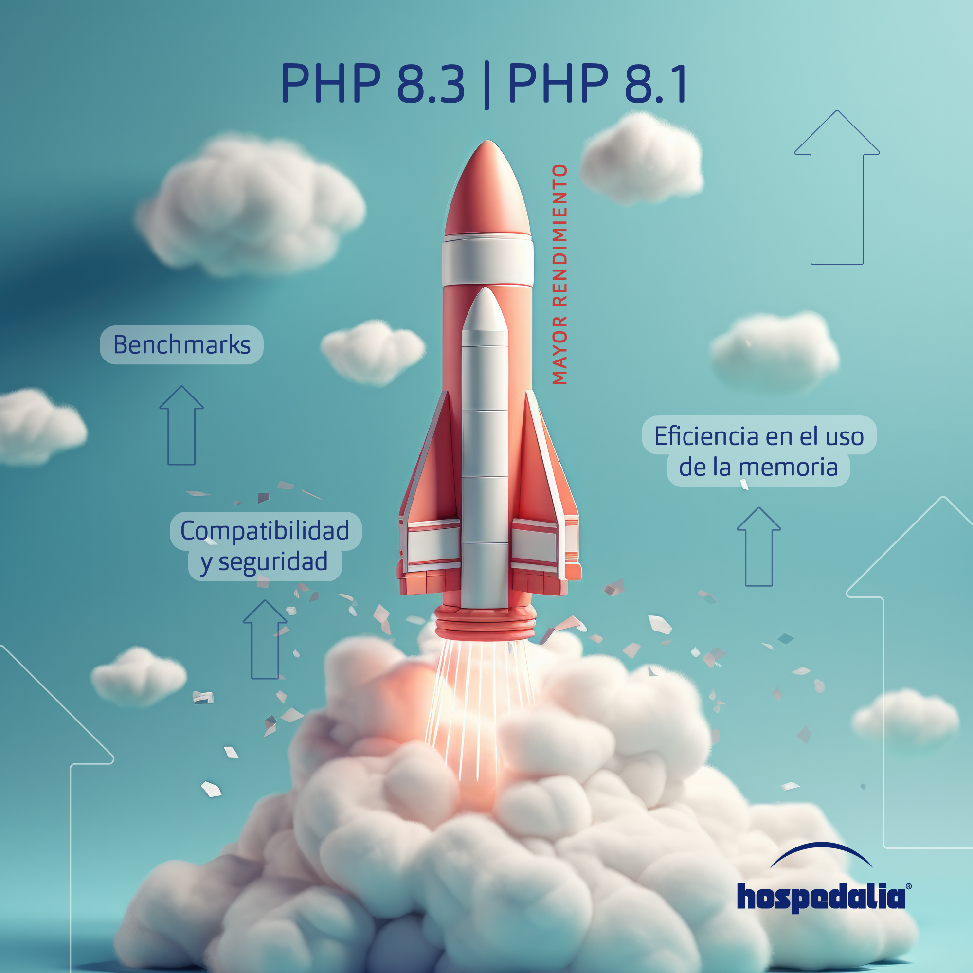 Ilustración de cohete y versiones de php