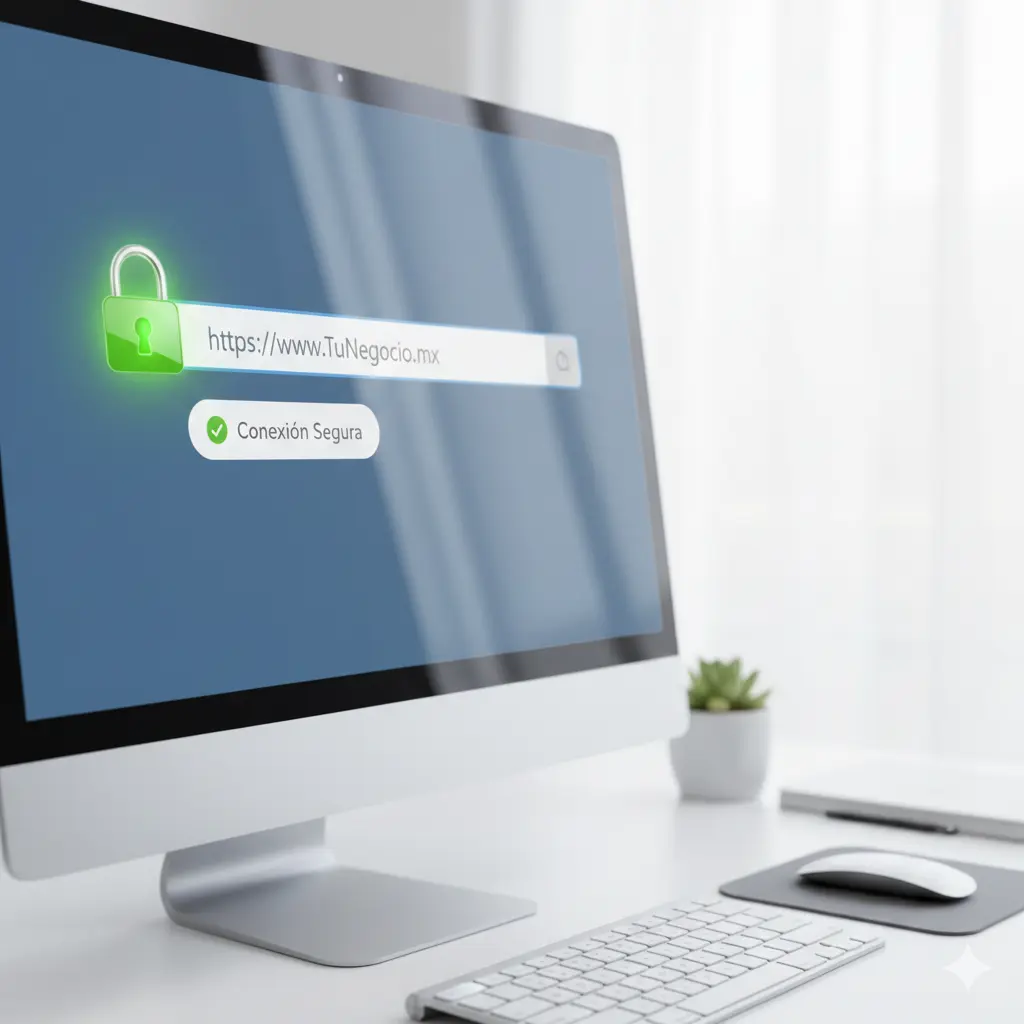 conexion-segura-ssl-hospedalia Equipo de cómputo sobre escritorio en blanco mostrando qué es el certificado ssl.