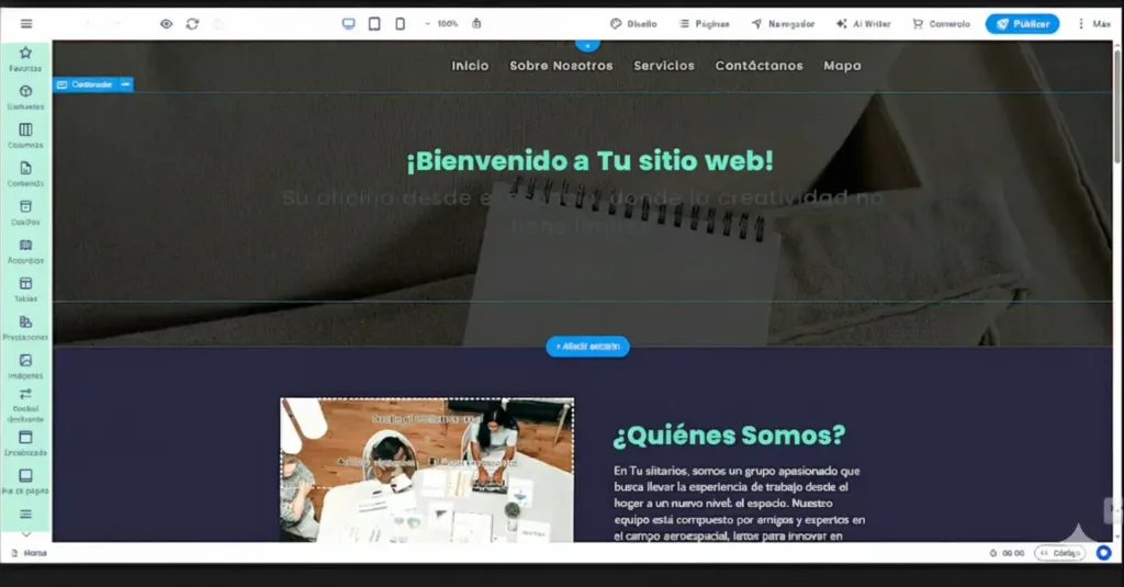 creador-de-sitio-web-gratis-hospedalia Vista del creador de páginas web de Hospedalia, perfecto para crear sitios de manera sencilla e intuitiva.