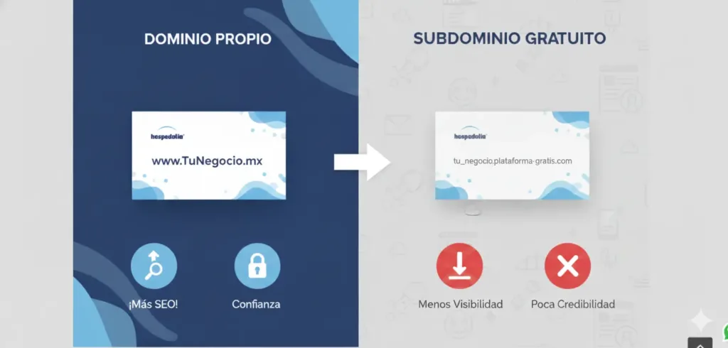 dominio-gratis-subdominio-hospedalia Infografía comparativa de un dominio propio versus un subdominio con sus ventajas.