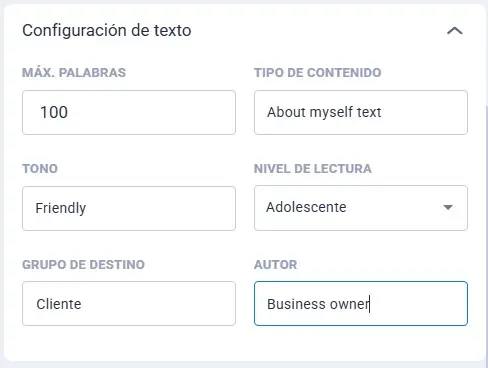 ai-writer-configuracion-texto-Hospedalia Panel de configuración del AI Writer con ajustes de palabras, tipo de contenido, tono, nivel de lectura y autor.
