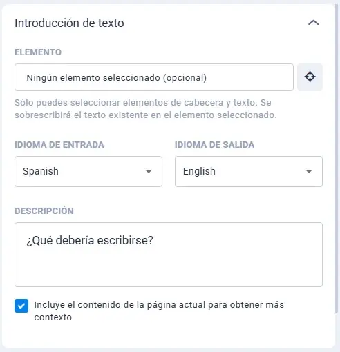ai-writer-introduccion-texto-Hospedalia Panel de introducción del AI Writer con opciones de elemento, idiomas y campo de descripción.