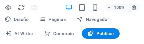 barra-superior-editor-sitejet Barra superior del editor con opciones de vista previa, diseño, páginas, navegador, AI Writer, comercio y el botón para publicar.