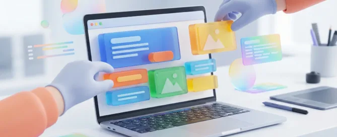 Manos acomodando bloques visuales de colores sobre la pantalla de una laptop, representando la creación de un sitio web de forma intuitiva.