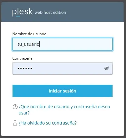 inicio-sesion-panel-hosting-hospedalia Pantalla de inicio de sesión con campos de usuario y contraseña para acceder al panel de hosting.