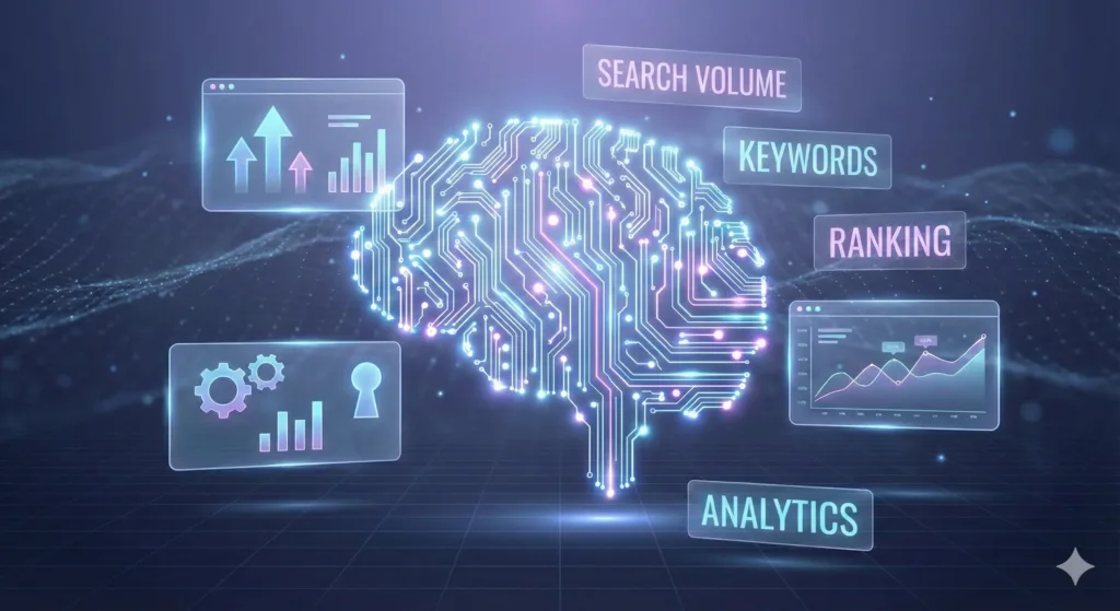 inteligencia-artificial-para-seo-y-analitica-web Ilustración de un cerebro digital conectado a gráficos y métricas como keywords, ranking y analytics, simbolizando el uso de inteligencia artificial para optimizar el posicionamiento web.