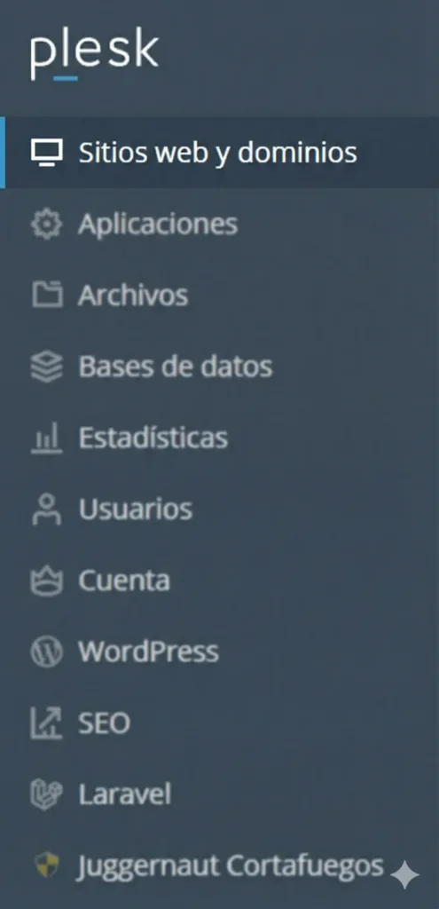menu-panel-hosting-sitios-web-y-dominios Menú lateral del panel de hosting con la sección “Sitios web y dominios” seleccionada.