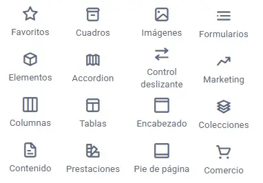 panel-editor-modulos-sitejet Vista del panel izquierdo del editor con los diferentes módulos disponibles, como elementos, columnas, imágenes, formularios y colecciones.