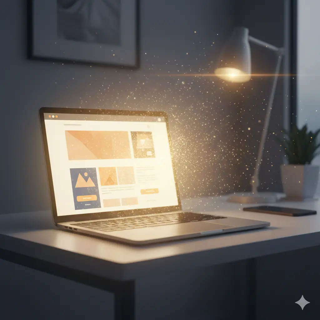 sitio-web-publicado Laptop sobre un escritorio mostrando el diseño de un sitio web, iluminada por un resplandor dorado que simboliza creatividad e inspiración al crear una página online.