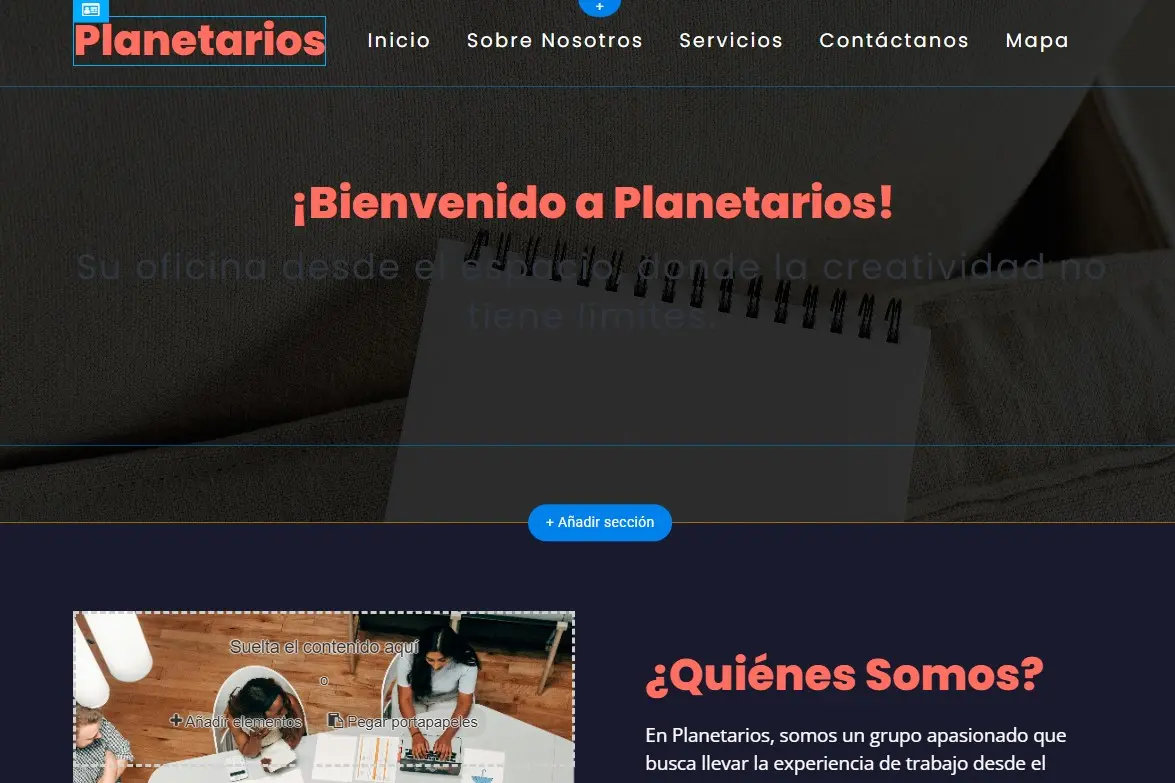 vista-editor-plantilla-sitejet Pantalla principal del editor mostrando una plantilla de sitio web en construcción con encabezado, secciones y opción para añadir nuevos elementos.