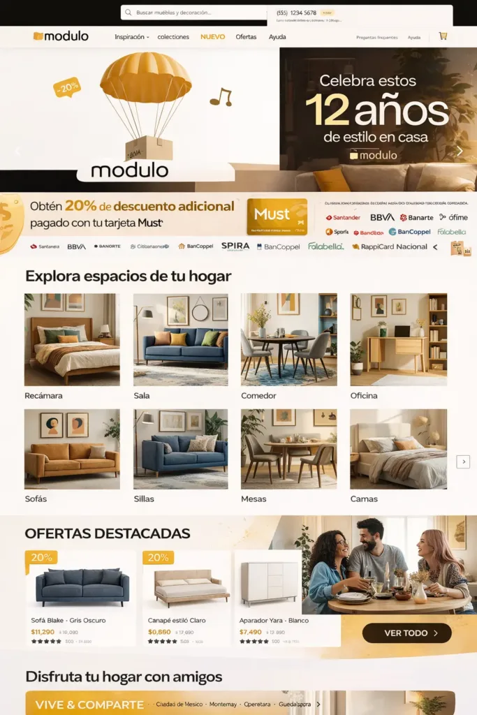 ecommerce-ejemplos-de-sitios-web Vista de sitio web de ecommerce con categorías por espacio y productos destacados con fotos y precios.