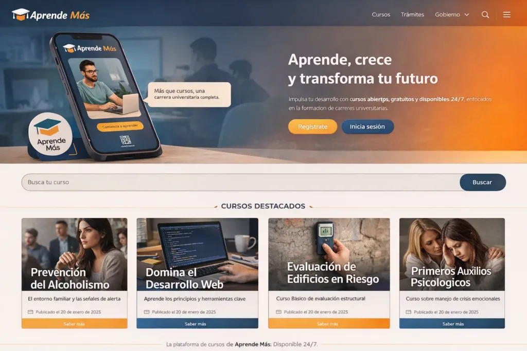 plataforma-educativa-cursos-en-linea Página principal de plataforma educativa con buscador y tarjetas de cursos gratuitos disponibles las 24 horas.