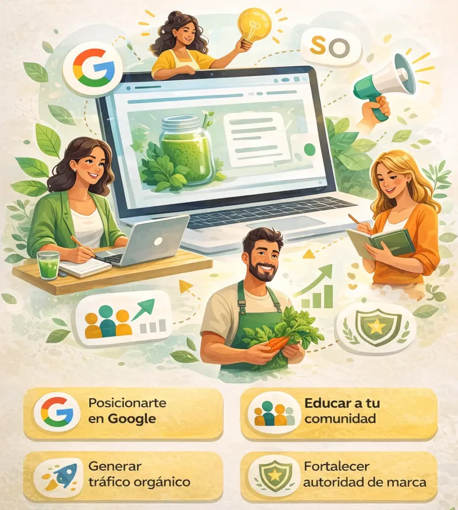 blog-recetas-organicas-posicionamiento-google-trafico-organico Infografía sobre cómo un blog con recetas orgánicas y consejos wellness ayuda a posicionarte en Google, educar tu comunidad, generar tráfico orgánico y fortalecer tu marca.