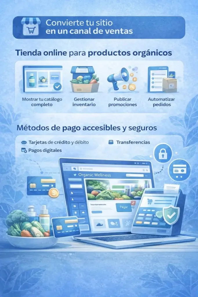 convertir-sitio-web-en-tienda-online-pagos-seguros-pyme-wellness-hospedalia Infografía que muestra cómo convertir un sitio web en una tienda online para Pymes wellness, incluyendo catálogo de productos, gestión de inventario, promociones y métodos de pago seguros.