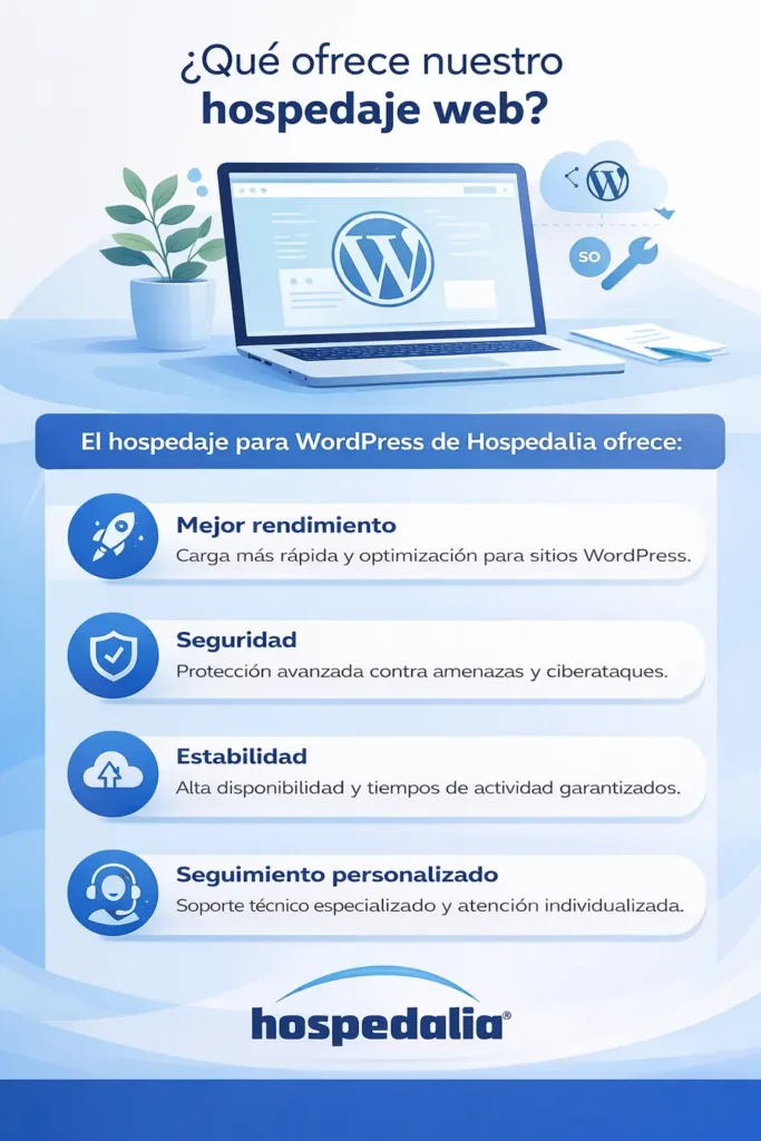 infografia-hospedaje-wordpress-hospedalia Infografía sobre el hospedaje WordPress de Hospedalia que destaca sus beneficios: mejor rendimiento, seguridad avanzada, estabilidad y seguimiento personalizado.