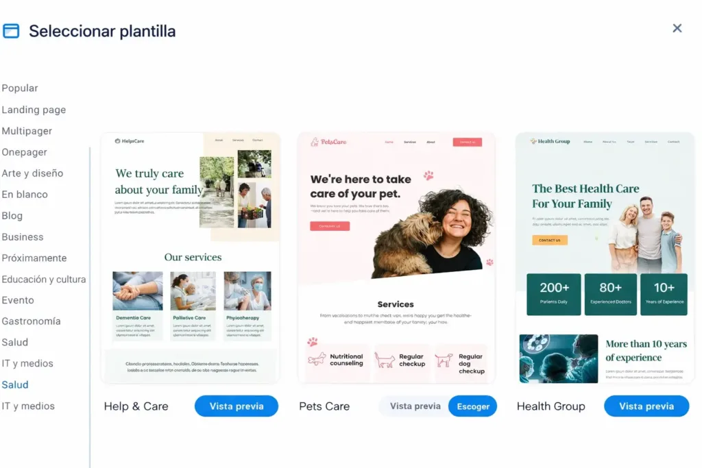 seleccionar-plantilla-hospedalia-salud Pantalla de selección de plantillas en Hospedalia, mostrando opciones del sector salud para crear una página web profesional de forma sencilla.