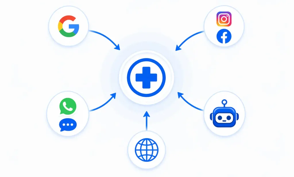 digitales-pacientes-web Infografía de canales digitales como Google, redes sociales y WhatsApp que dirigen pacientes hacia una página web médica para generar conversiones.