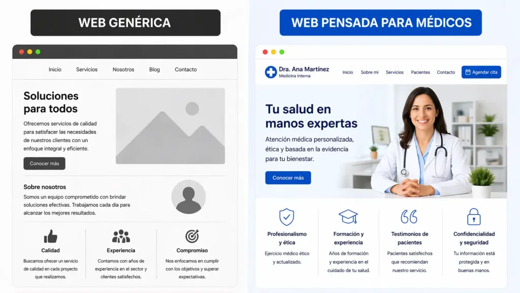 confianza-web-medicos Comparativa entre web genérica y web médica que transmite confianza, mostrando cómo influye en la decisión de reservar cita con un medico desde el primer momento.