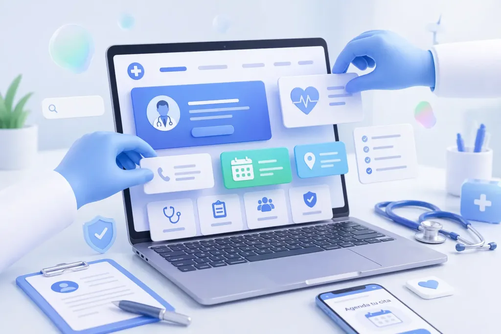software-creacion-web-medica Ilustración de programa utilizado para crear páginas web médicas, mostrando interfaz digital para gestión de servicios, citas y pacientes.