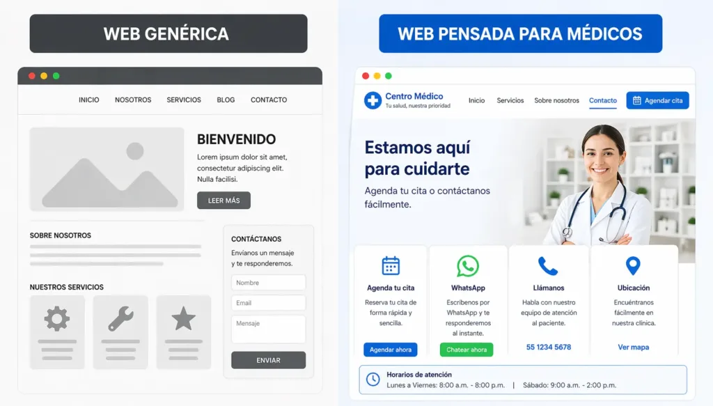 web-agendar-citas-medicas Comparativa entre diseño web genérico y páginas web para agendar citas medicas, destacando la facilidad de contacto y conversión de pacientes.