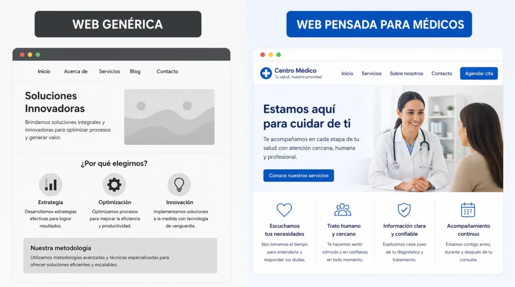 web-generica-vs-web-salud Comparación entre web genérica y web médica optimizada, mostrando cómo una estructura clara mejora la experiencia del paciente y la conversión.