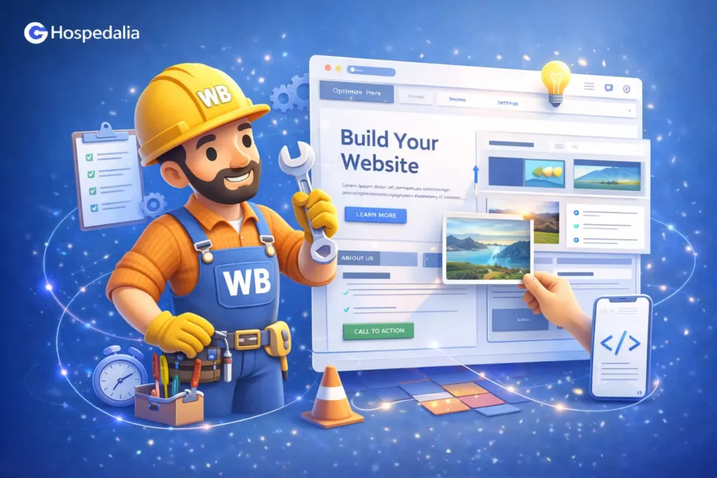 website-builder-hospedalia-creacion-sitios-web Website builder de Hospedalia representado como obrero digital creando un sitio web