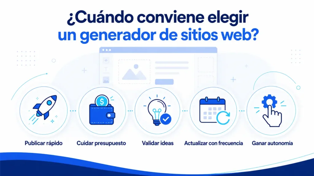 Infografía en tonos azules que resume los principales escenarios para usar un generador de sitios web: publicar rápido, cuidar el presupuesto, validar ideas, actualizar con frecuencia y ganar autonomía. 