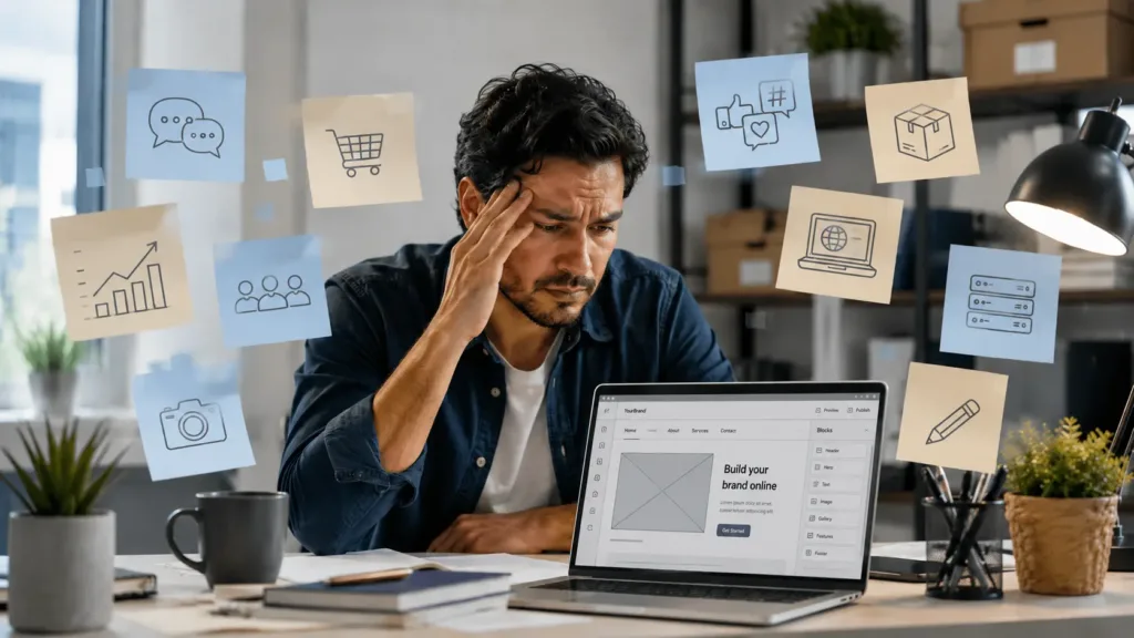 Emprendedor frente a una laptop rodeado de elementos vinculados a ventas, redes sociales, contenidos y tecnología, reflejando los desafíos de crear un sitio web mientras el negocio crece. 
