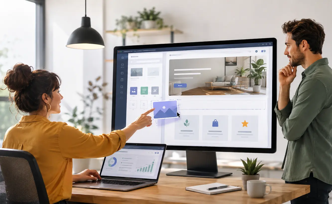Dos profesionales trabajan en una interfaz de creación de sitios web, en una escena que representa cómo un generador de páginas web puede ayudar a empresas en crecimiento a construir una presencia digital profesional.