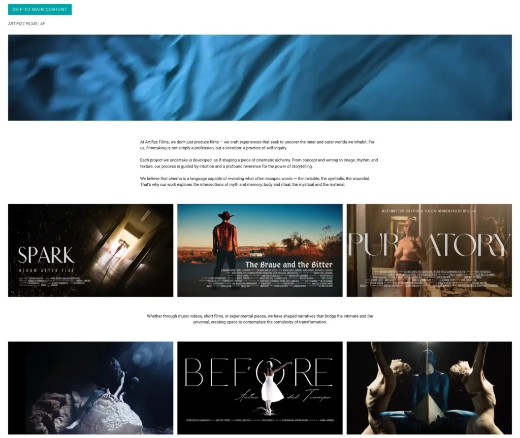 Ejemplo de sitio web de Artifizz Films creado con SideJet Builder, que muestra cómo la herramienta permite desarrollar páginas con una identidad visual personalizada y profesional.